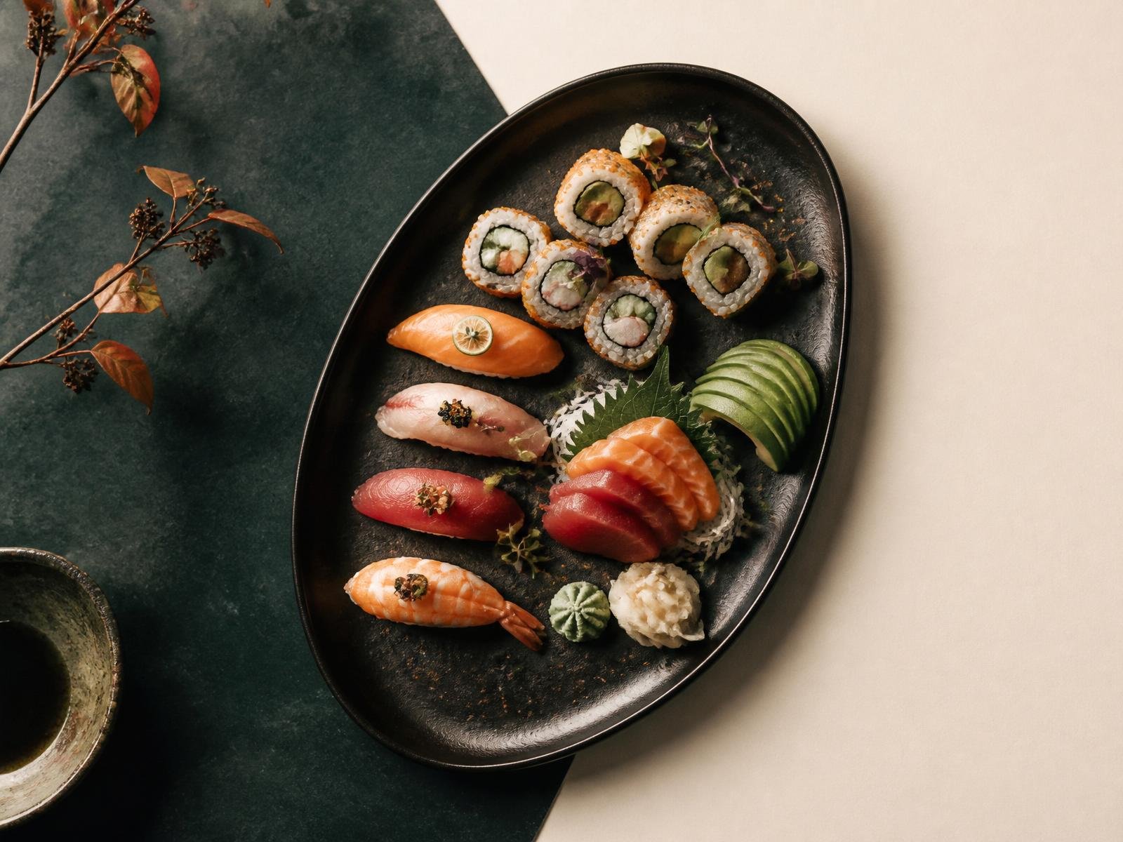 Μαύρη κεραμική πιατέλα με sushi, sashimi και avocado σε petrol και ivory φόντο